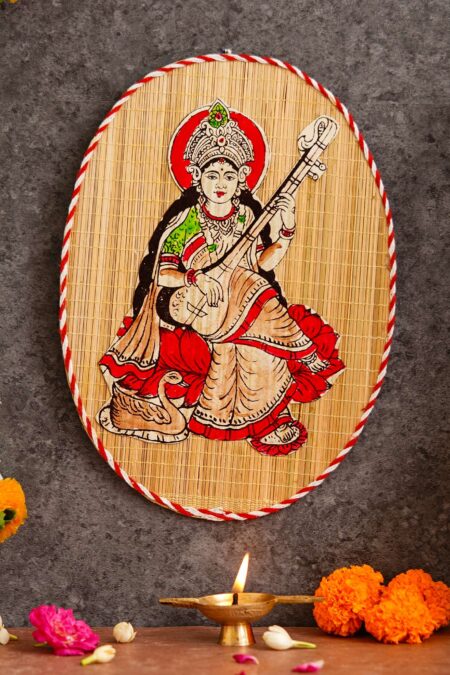 Oval Shaped Design Bamboo Hand Crafted Wall Hangings Of Godess Sarwasti Ji For Home Decor